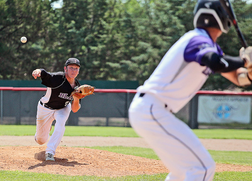 Blair Legion right-hander Morgan Rump, left, pitches Sunday during the Class B state tournament in Broken Bow.