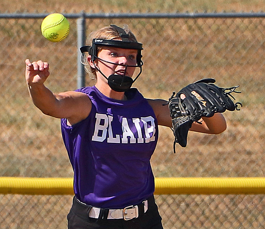 Blair's Ella Pike throws the ball back into the infield Friday during The Freshman State Softball Tournament in Lincoln.