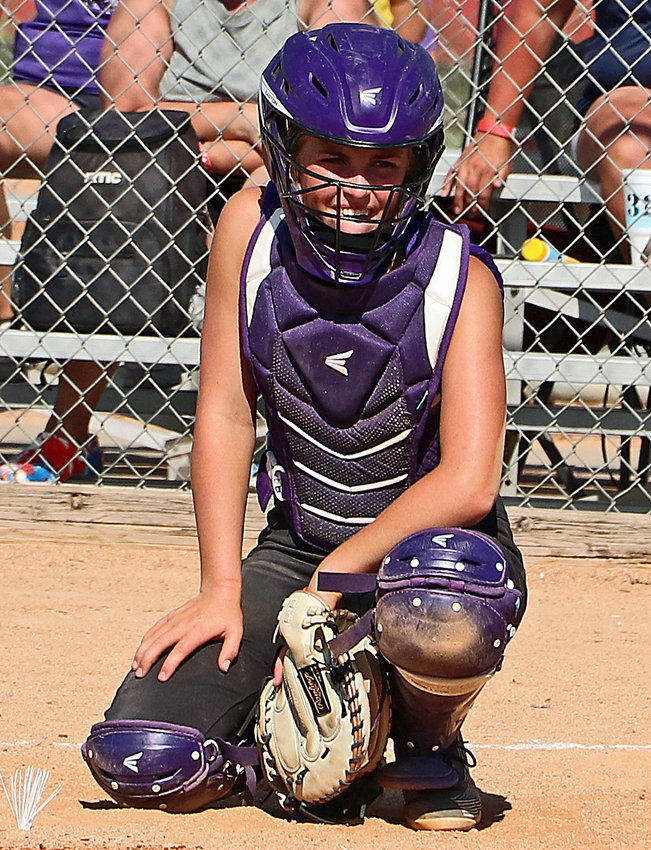 Blair catcher Jacy Schueth looks to the dugout for the pitch call Friday in Lincoln.