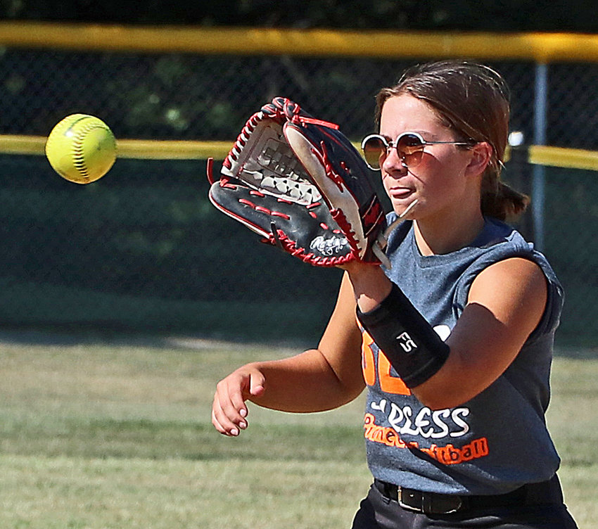 The Pioneers' Sam Brewer gloves the ball Aug. 10 in Fort Calhoun.