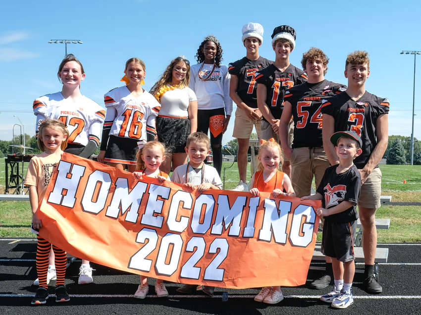 The Fort Calhoun Homecoming royalty was announced at the pep rally Friday afternoon. Pictured front from left, Aubree Gochanour, Ella McMahon, Brooks Romans, Maddie McMahon and Jaxon Bryan. The homecoming court pictured from left, Grace Genoways, Angel Nelson, Sophie Thomas (princess), Dala Drowne (queen), Austin Welchert (king), Avery Quinlan (prince), Sam Halford and Glenn Hunter.