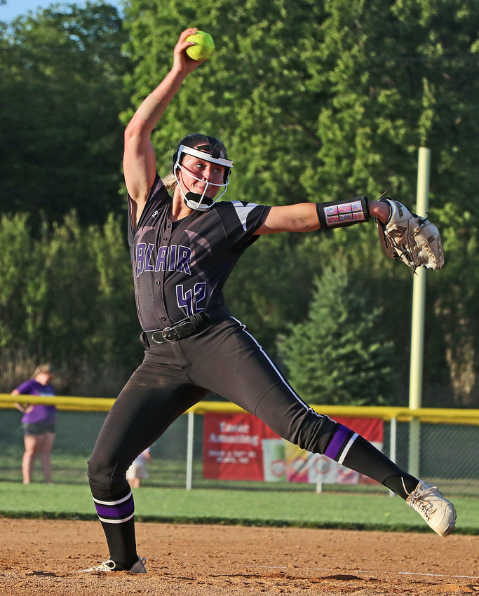 Blair right-hander Kalli Ulven pitches Monday at the Youth Sports Complex.