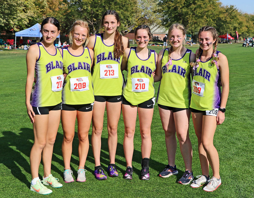 Blair cross-country's state lineup poses for a photo Friday at Kearney Country Club. From left: Reece Ewoldt, Lainey Bilau, Addie Sullivan, Nadia Davey, Chloe Schrick and Allie Czapla.