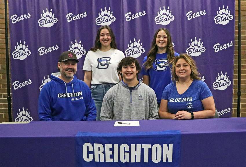 Blair senior Shea Wendt poses for a photo with his family Wednesday after signing with the Creighton Bluejays baseball program.