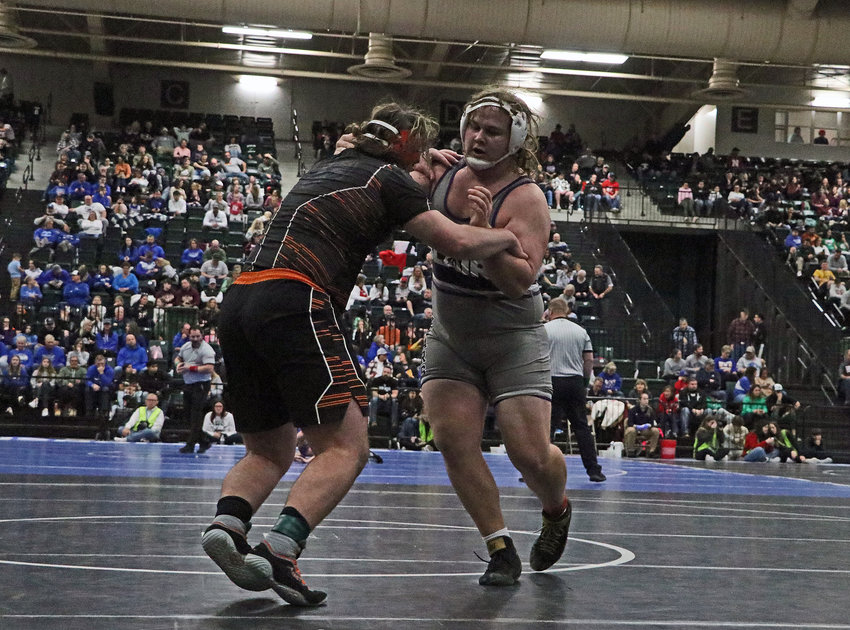 Blair's Seagan Packett-Trisdale, right, wrestles Blaine Hamik of Hastings on Saturday at the Buffalo County Fairgrounds.