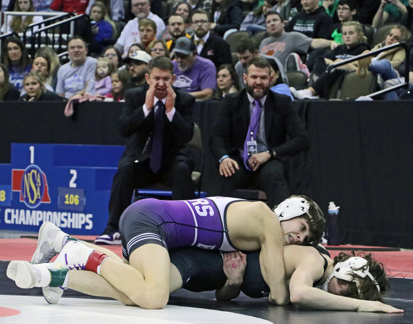 Blair 106-pounder Hudson Loges, top, competes against Omaha Skutt's Cole Welte on Saturday in Omaha.