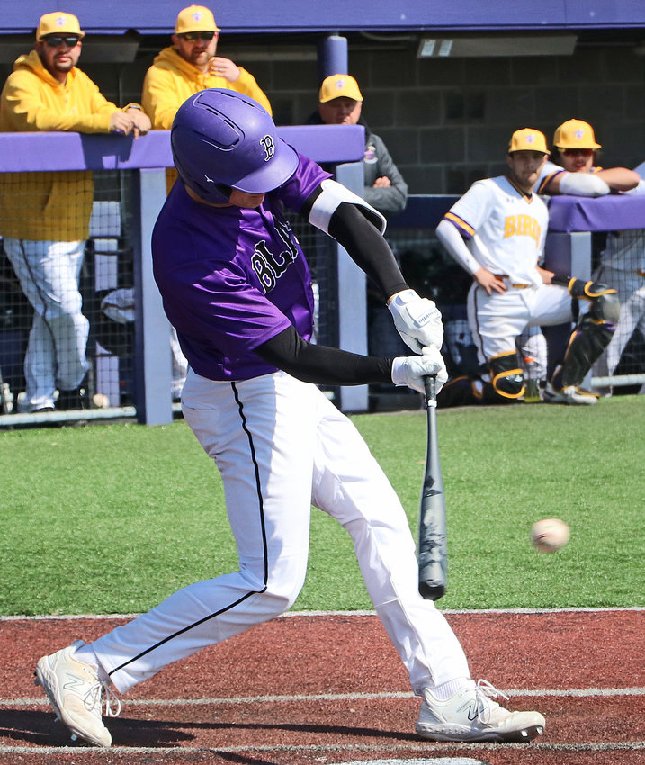 Blair senior Shea Wendt makes contact with a swing Saturday at Bellevue West.