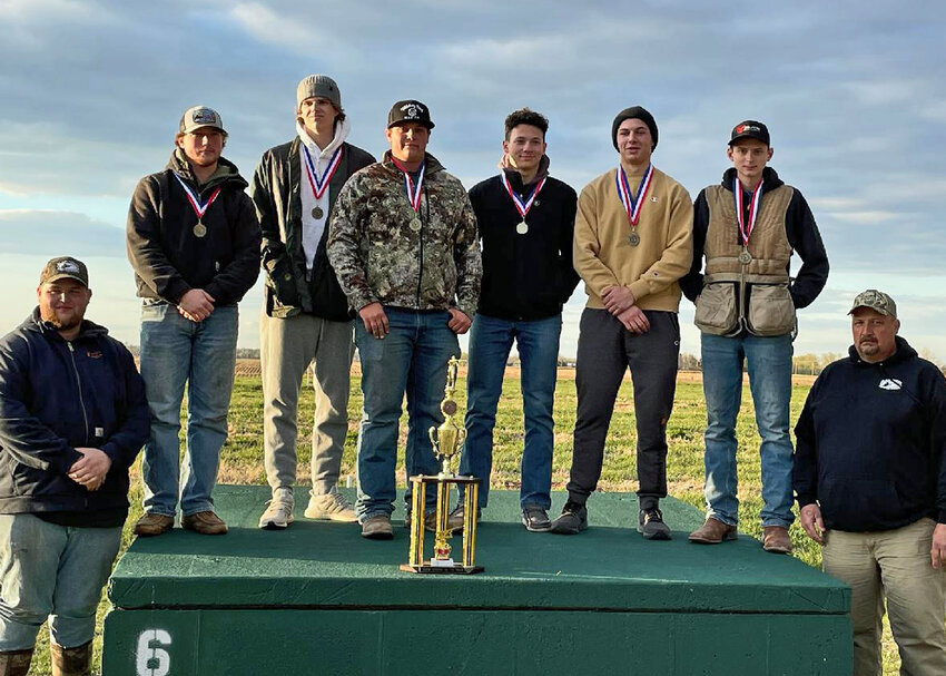 Six Blair Youth Shooting Sports marksmen earned medals during Friday's 16-yard event at the 53rd annual Cornhusker Trapshoot in Doniphan. The medalists were, in no particular order, Tyler Hume, Riley Brodersen, Triston Clausen, Harry Kies, Kalvin Kies and Elijah Tabor. They are joined in the photo by coaches Weston, left, and DJ Zolck, right.