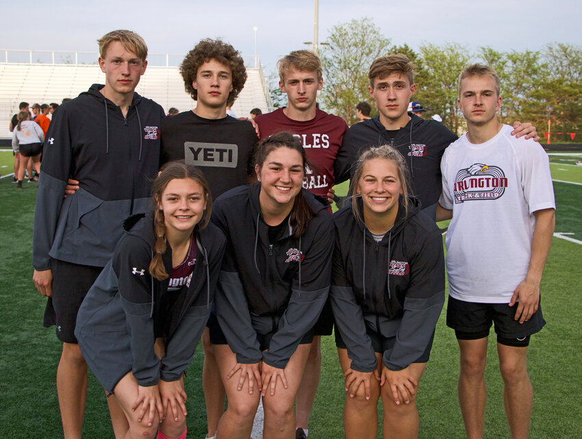 Eighth Arlington Eagles qualified for the 2023 NSAA State Track and Field Championships. Front row, from left: Hailey O'Daniel, Taylor Arp and Cadie Robinson. Back row: Nolan May, Dallin Franzluebbers, Kaden Foust, Luke Hammang and Kevin Flesner.