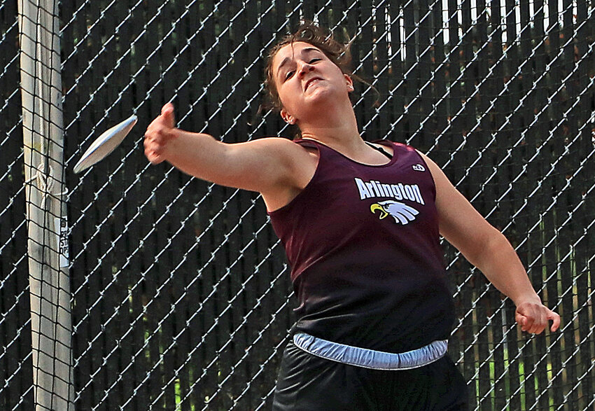 Arlington's Taylor Arp competes in the discus Wednesday during the NSAA Championships in Omaha.