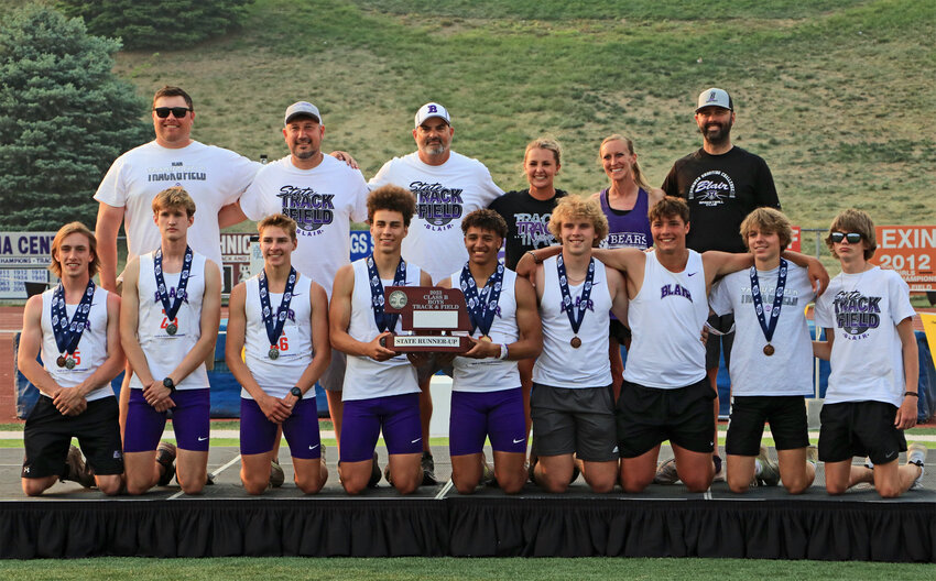 The 2023 Blair boys track and field team earned Class B runner-up honors Thursday during the NSAA State Championships in Omaha. Front row, from left: Zac Keeling, Caleb Funk, Ted Lueders, Nolan Slominski, Ethan Baessler, Ben Holcomb, Braden McGill, Colin McCabe and Chase Cottle. Back row: Coaches Jake Pinion, Matt Novak, Bryan Soukup, Jennifer Fangmeier, Julia Warner and Chris Whitwer.
