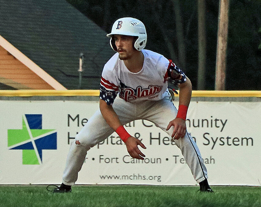 Post 154's Conner O'Neil leads off of first base May 24 at Vets Field.
