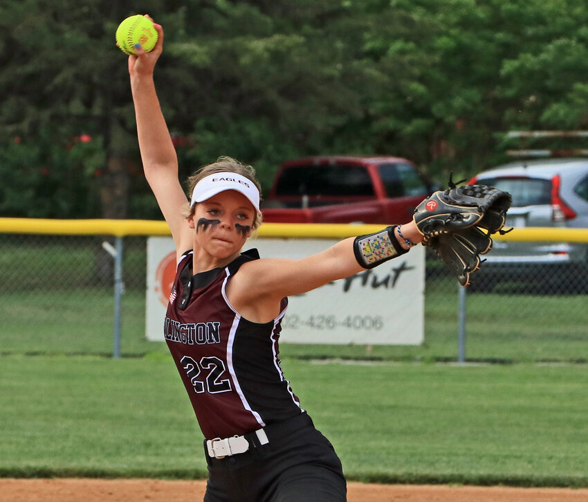 Arlington 18U's Tessa Spivey pitches during a summer game at the Blair Youth Sports Complex. The AHS sophomore pitches for her varsity school team, too.