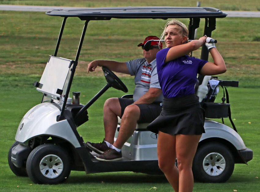 Blair's Leah Wehrli plays No. 10 on Monday at River Wilds Golf Club.