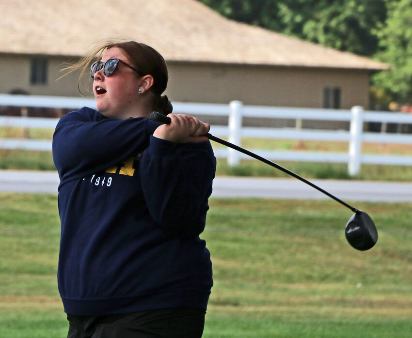 Blair's Ally Collins hits her tee shot on No. 10 Monday at River Wilds Golf Club.