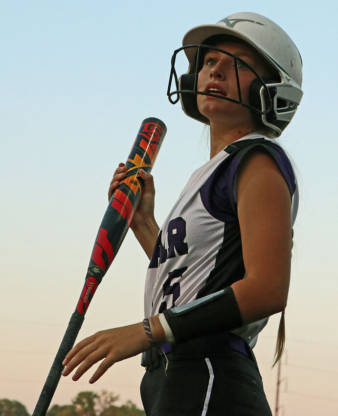 Blair's Audie Keeling watches a foul ball from the on-deck circle Monday at Omaha Skutt.