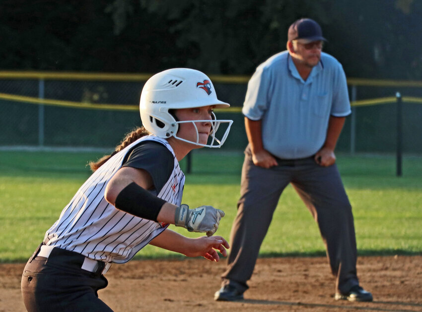 Pioneers runner Kaylee Taylor leads off of third base Tuesday in Fort Calhoun.