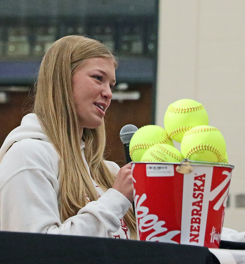Nebraska softball signee Nessa McMillen talks to the crowd Wednesday at Blair High School.