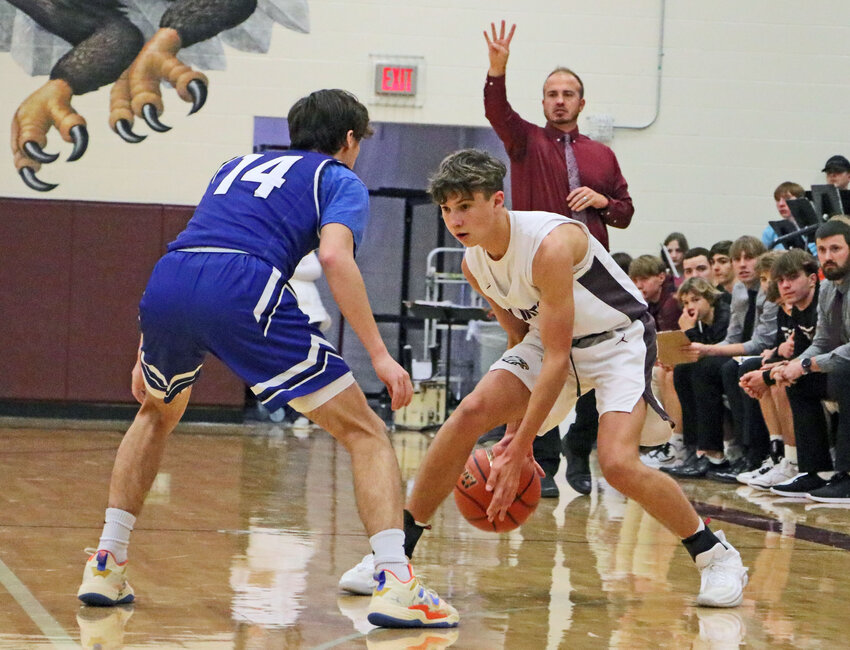 The Eagles' Schuyler Logemann, right, dribbles while defended by Lakeview's Blake Rathbone on Saturday at Arlington High School.