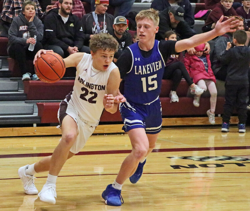 Eagles freshman Owen Ladehoff, left, dribbles baseline against Lakeview's Logan Tomky on Saturday at Arlington High School.