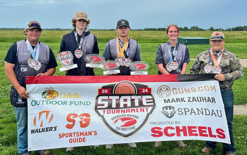 Blair Youth Shooting Sports' Triston Clausen, from left, Riley Brodersen, Kalvin Kies, Jaydyn Backman and Tregan Baker pose for a photo with their awards Saturday in Doniphan during the Clay Target League State Tournament.