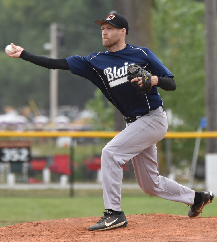 Blair pitcher Tony Bilek delivers to home plate during the Cuming County Fair title game Sunday in West Point.