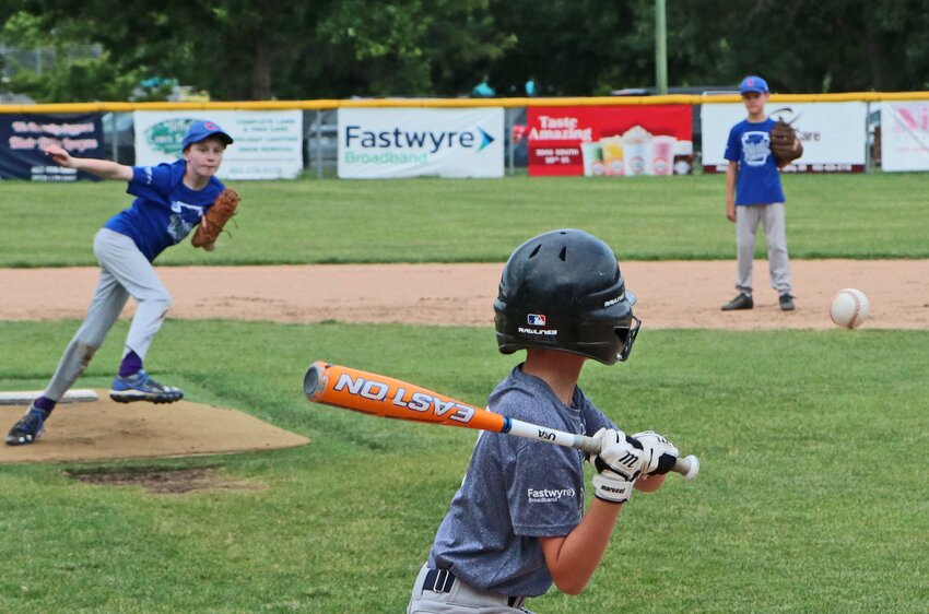 Blair Little League Yankee William Hover, bottom right, waits on a pitch from the Cubs' Michael Pakiz on Tuesday at the Youth Sports Complex.