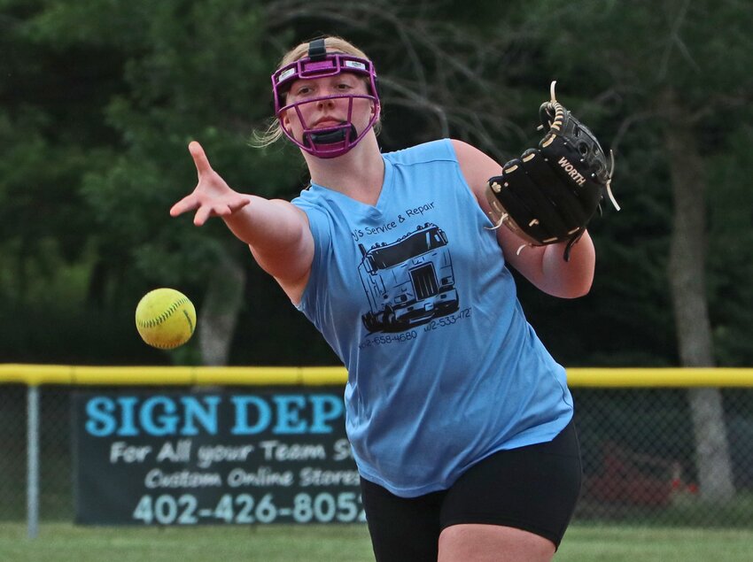 Alyssa Lode of AJ's Service & Repair pitches during the BYSA Modifieds Tournament on Tuesday at the Youth Sports Complex.