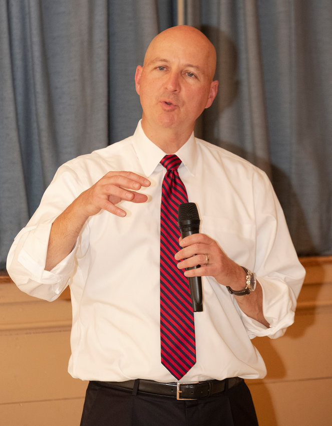 Gov. Pete Ricketts speaks during the Washington County Farm Bureau's annual meeting Monday in the Kennard Auditorium.