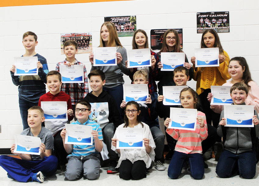 Sixteen Fort Calhoun Elementary students participated in the school's spelling bee on Jan. 28. Front row, from left: Fourth grade student Leo Morris, fifth grade students Aiden Tinkham and Erika Bensalah and fourth grade students Layla Steiner and Connor Jabens. Middle, from left: Fifth grade student Landon Minow, fourth grade students Cavin Greiner and Max Steinhausen and sixth grade students Beau Ruma and Taylor Douchey. Back, from left: Fifth grade student Danny Pawol, Fourth grade student Owen Grate and sixth grade students Jovi Greiner, Lauren Grate, Natalie Lammers and Isabel Godfrey.