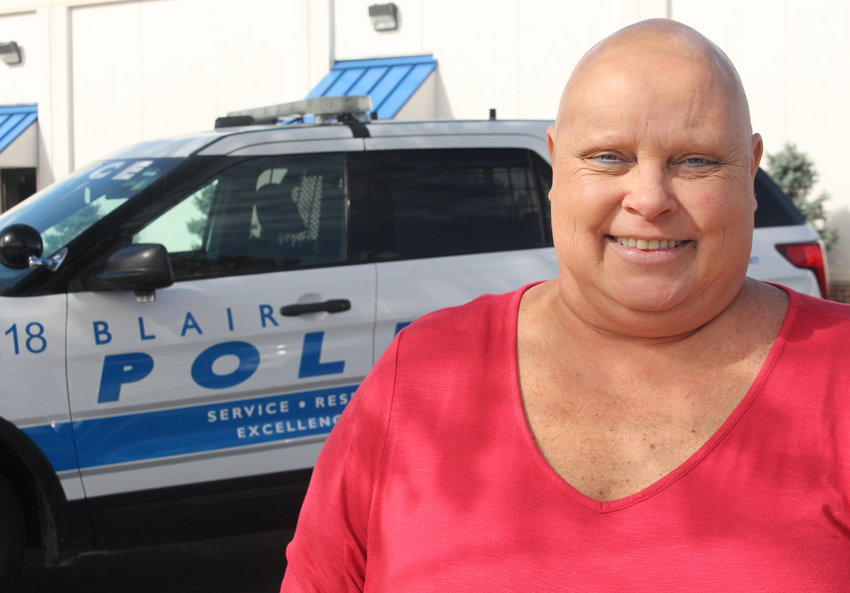 Amy Thallas, who recently finished chemotherapy treatments, was diagnosed with breast cancer earlier this year. Thallas works at the Blair Police Department.