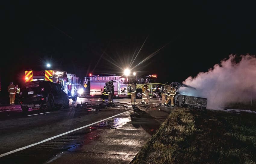 A pickup truck was fully engaged in fire, and a Jeep was severely damaged when emergency vehicles arrived on the scene at Highway 133 and County road 34 Oct. 2, 2019. Rosemary Jensen, the driver of the Jeep, was arrested and charged with driving under the influence, and sentenced to 90 days in jail and five years probation.