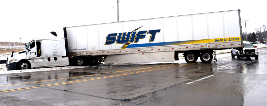 A semi-tractor trailer jackknifed on Wednesday at the Blair roundabout at the junction of state Highway 133 and south U.S. Highway 30. The trailer blocked one lane northbound into Blair and the westbound lane to U.S. Highway 30.
