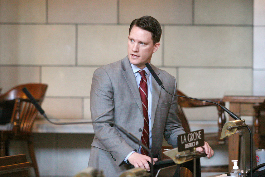 State Sen. Ben Hansen speaks during a session of the Nebraska Legislature in Lincoln.