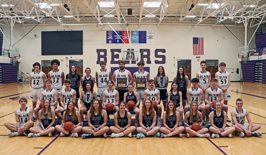 The 2022 Blair basketball teams are state bound together for the first time. Both teams qualified and will compete in the Class B state basketball touranments. Front row: Greyson Kay, Marin Sather, Joslyn Policky, Hayden Frink-Mathis, Molly Ladwig, Norah Cloudt, Kaitlyn Johnson, Sophia Wrich and Crayton Macholan. Second row: Mark Donner, Luke Ladwig, Maggie Valasek, James Dobbins, Mya Larson, Kip Tupa, Sami Murray, Sawyer Lawton and Jacob Czapla. Back row: Shea Wendt, J'shawn Unger, Addie Sullivan, Kailey O'Grady, Toby Ray, Wyatt Ogle, Jakob Kantor, Makayla Baughman, Jordan Wolfe, Nolan Slominski and Eli Morgan.