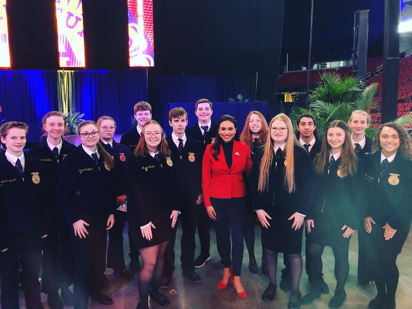 Miss Nebraska 2021 Morgan Holen took time to meet Blair FFA students at the State FFA Convention following a session at Pinnacle Bank Arena. Pictured are, from left, Mike Amandus, Somer Schultz, Hallie Scroggins, Katelyn Mitchell, Breelyn Willmott, Michael Buckley, Tyler Thompson, Rylan Blattert, Morgan Holen, Norah Cloudt, Lexi Jones, Luke Frost, Trinity Back, Kathryn Piction and Cailey Anderson.