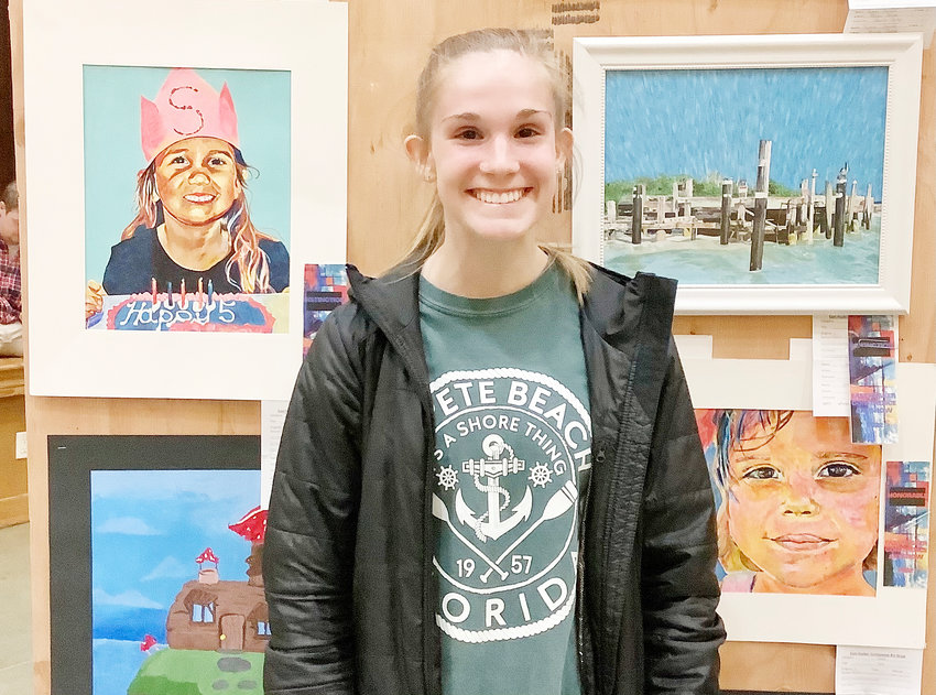 Syd Guzinski is all smiles having earned Distinction (Blue) - Acrylics; Distinction (Blue) - Acrylics; Distinction (Blue) - Charcoal; Honorable Mention (White) - Collage; Distinction (Blue) - Ink; Honorable (Red) &ndash; Watercolor.
