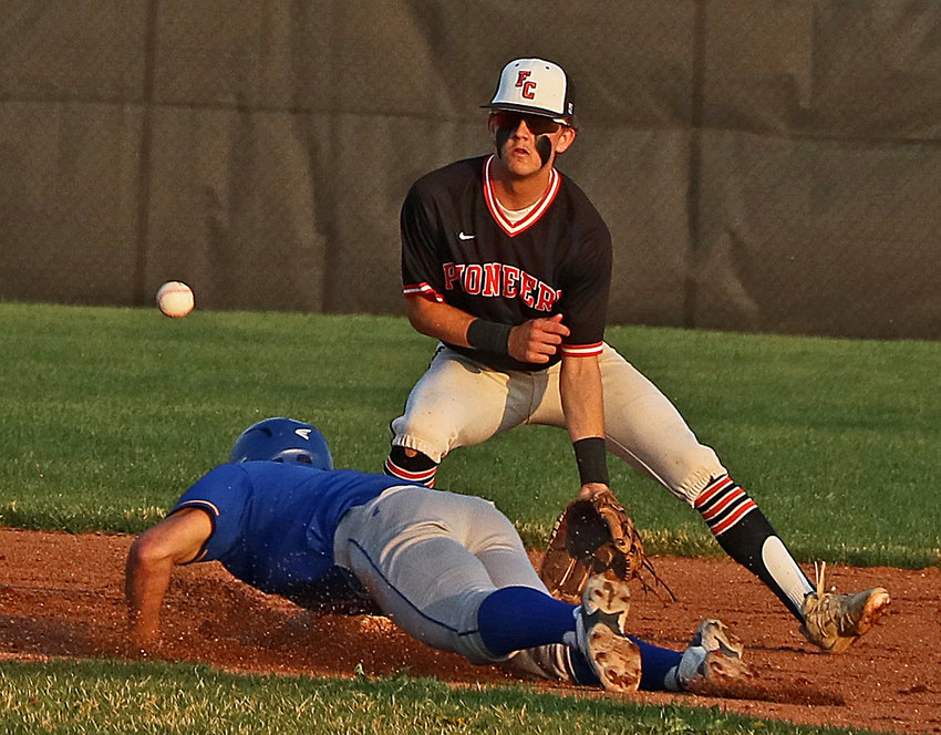 Fort Calhoun senior Ty Hallberg tries to glove a throw to second base as a Wahoo/Neumann/Lincoln Lutheran base runner slides in Friday during the Class B District 4 Tournament at Elkhorn North.