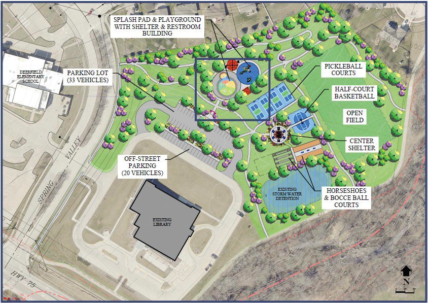 This image shows the planned layout for the new Generations Park, located just north of the Blair Public Library and Technology Center in the Deerfield subdivision.