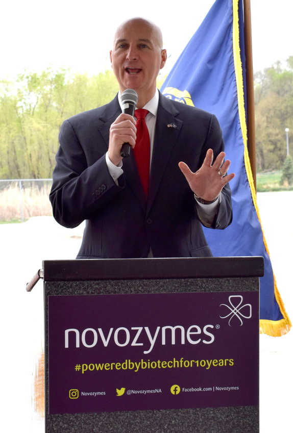 Gov. Pete Ricketts spoke with Novozymes employees on the occasion of the company's 10th anniversary May 10.