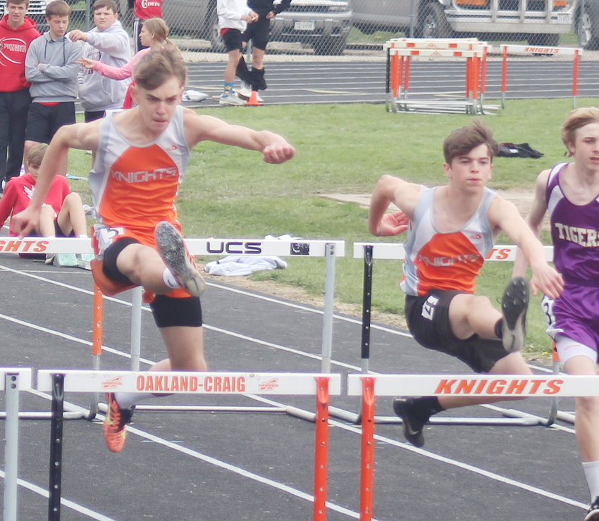 Caleb Bousquet (right) and Winston Wilkey came in 1st and 2nd in the 100m hurdles in th eEHC East Division meet Friday.