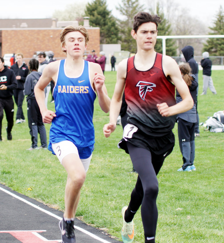 With two laps to go, Kayl Francis keeps up the pace and waits to make his move in the boys 1600m run at the Capitol Conference meet.  Kayl finished the race with at time of 4:51.62 for 3rd place.