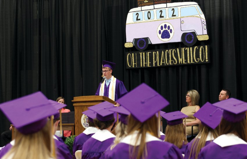 Nicholas Wayman gives the welcome address at Blair High School's Commencement Ceremony on May 15.