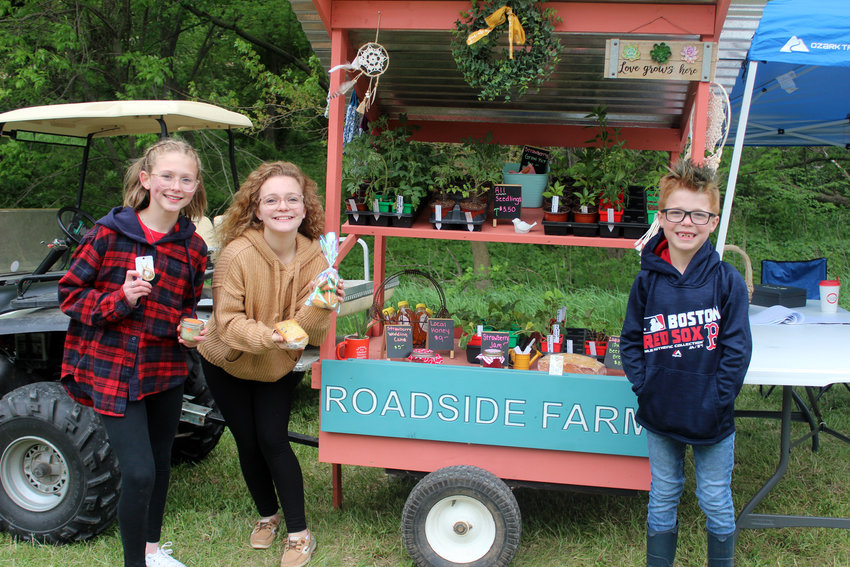 From left, siblings Gabbi, McKenzi and Lane Lecolst sell different items at their booths every weekend during the summer near their home on County Road P37. Gabbi runs Midwest Scrubs, McKenzi runs Kenzi's Kookies and Lane runs Roadside Farms.