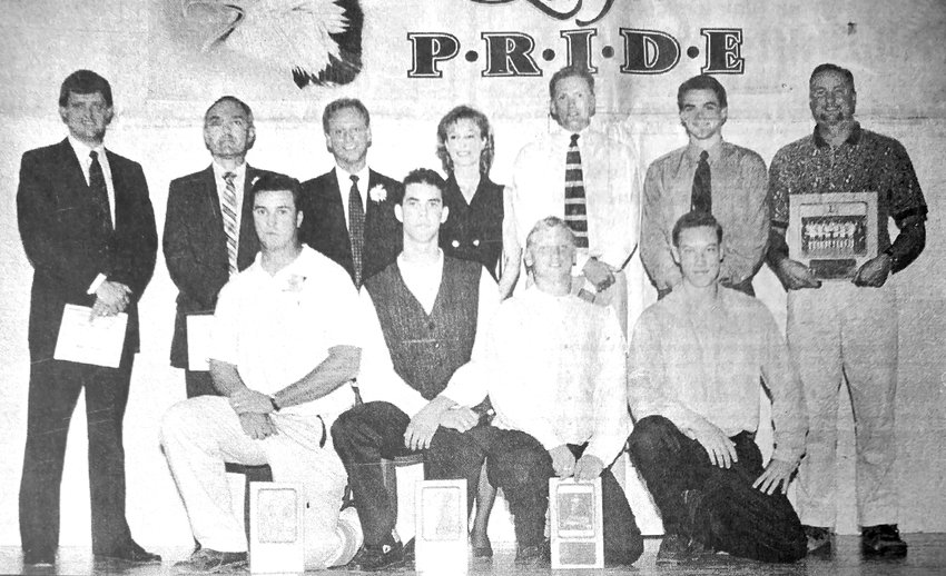 The Arlington High School Hall of Fame grew in 1997. Among the inductees were Steve Thompson, front row from left, Chad Morrison, Bubba Stork and Thad Kloster. Back row: Ken Ritzdorf, Bob Wise, Jay Birkey, Wendy Rasmussen, Lonnie Graver, Troy Brainard and Brian Gruenke.