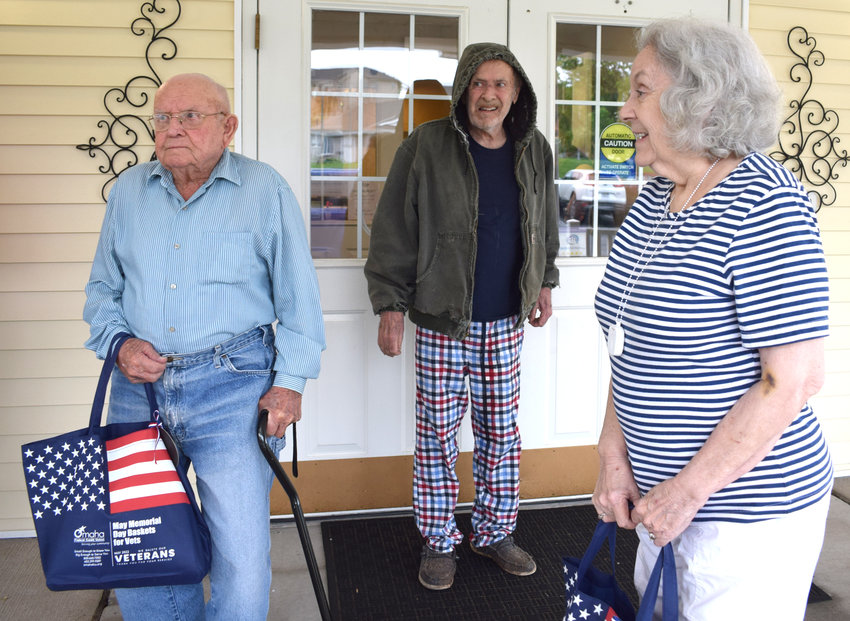 Carter Place residents and veterans Jim Andreasen, Ellis Babbitt and Susan Kolbo received May Memorial Day Baskets for Vets from Omaha Federal Credit Union and Washington County Veterans Services.