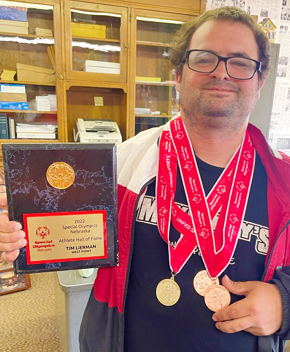 Big prize for a big heart!..Congratulations to Tim Lierman of Oakland for being inducted into the Nebraska Special Olympics Hall of Fame during the Summer Games held May 18th-22nd.  Lierman also earned 1st place in Long Jump, Gold in Relay, and 3rd in Volleyball.  Lierman said he was &ldquo;big time&rdquo; surprised and honored to be in the Hall of Fame..