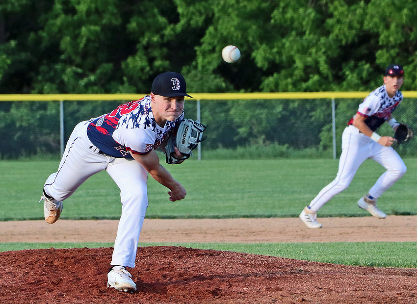 Blair Senior Legion pitcher Tanner Jacobson, left, throws as second baseman Greyson Kay lends support in the background Thursday in Fort Calhoun.