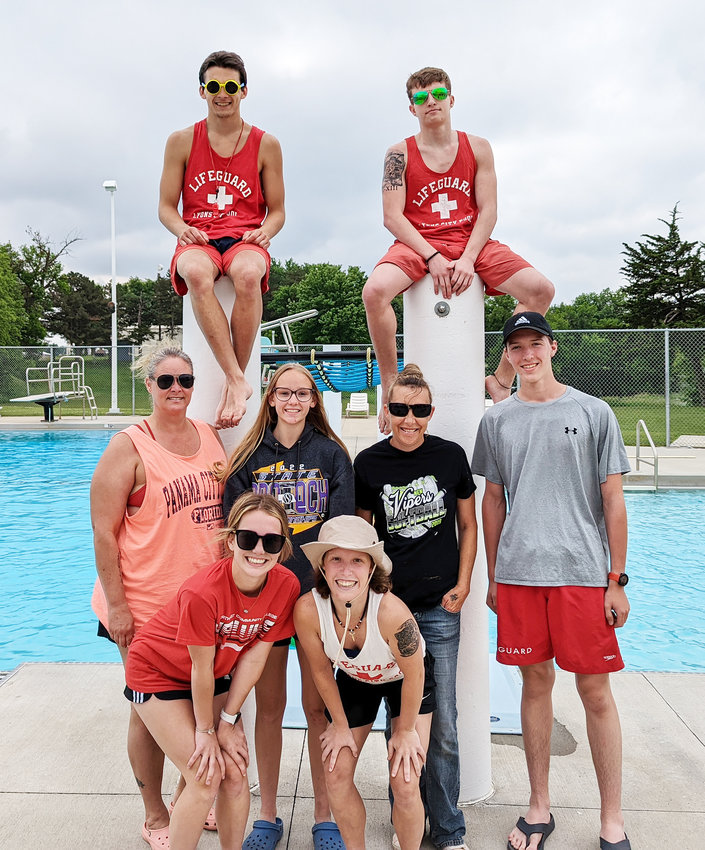 With a large roster of 13 lifeguards, the Lyons pool is looking forward to having a fun and safe summer. (top left to right) Zachery Randall, Jaden Whitaker, (Middle left to right) Lisa Simonsen, Miriel Brokaw, Sherri Whitaker, Colten Miller, (bottom left to right) Camryn Brehmer, Ella Whitaker.(Not pictured) Ashlynn Whitley, Eyan Tuttle, Bailey Tuttle, Madisen Compton, and Hailey Miller
