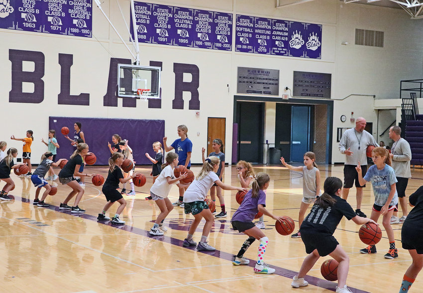 Youngsters filled the Blair High School gym for a girls basketball clinic Monday through Thursday. High school hoopers practiced their skills in the morning before a junior high session and a grade 3-5 one in the afternoon. Coach Matt Aschoff said more than 70 kids in grades 3-8 took part.
